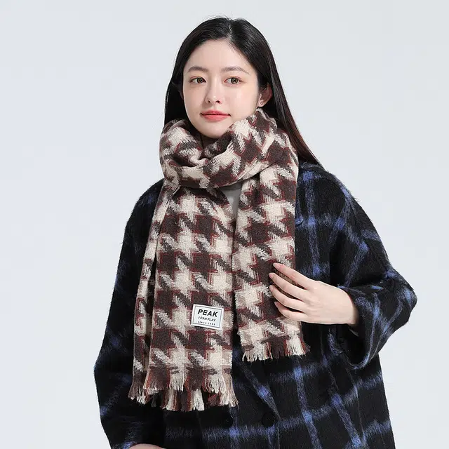 匹克 韩系流苏冬季保暖加厚千鸟格百搭 绒线围巾 男女同款情侣款