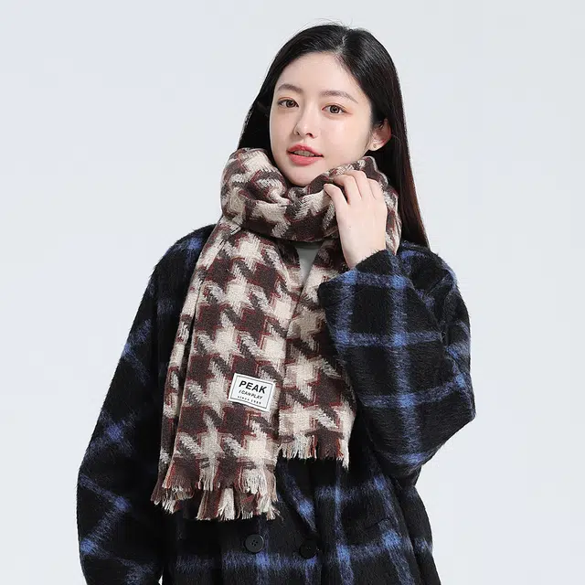 匹克 韩系流苏冬季保暖加厚千鸟格百搭 绒线围巾 男女同款情侣款