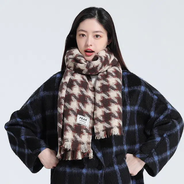 匹克 韩系流苏冬季保暖加厚千鸟格百搭 绒线围巾 男女同款情侣款