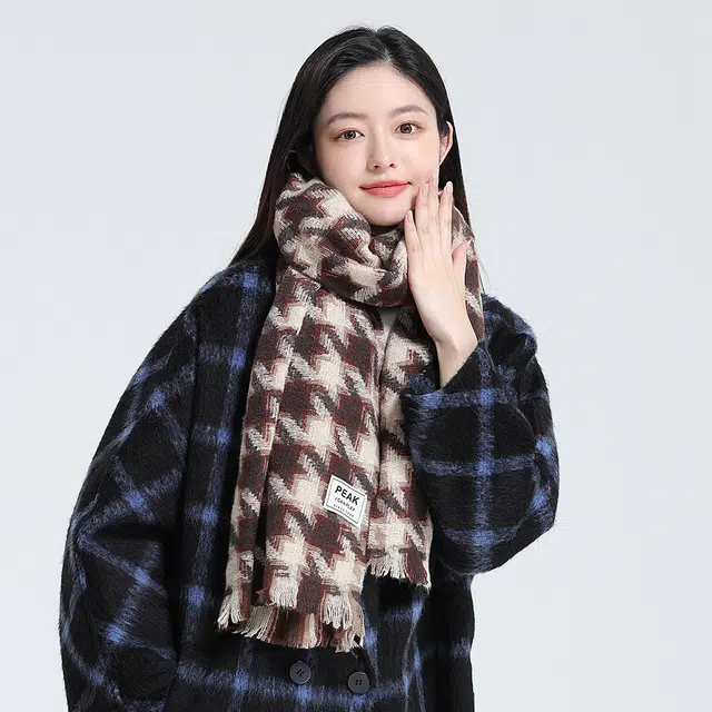 匹克 韩系流苏冬季保暖加厚千鸟格百搭 绒线围巾 男女同款情侣款