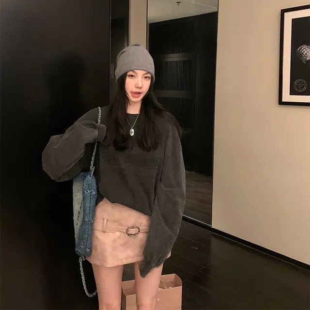 区区欧阳 美式复古长袖上衣炒色印花卫衣 女款 水洗灰