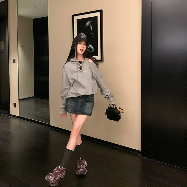 区区欧阳 水洗做旧拉链牛仔短裙 女款 复古蓝