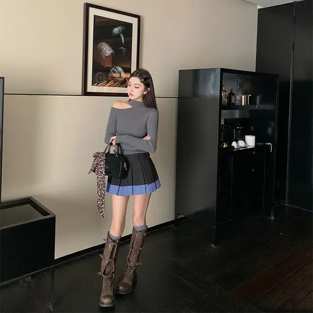 区区欧阳 格子舒适百褶高腰百搭简约休闲短裙 女款 牛仔蓝