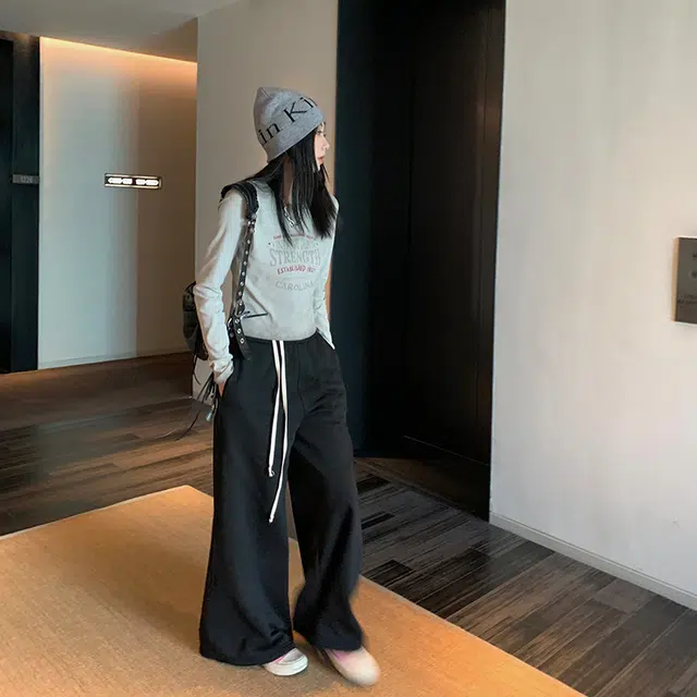 区区欧阳 纯色高腰宽松阔腿休闲裤 女款 黑色