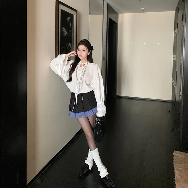 区区欧阳 格子舒适百褶高腰百搭简约休闲短裙 女款 牛仔蓝