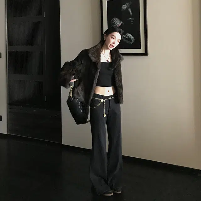 区区欧阳 修身拖地裤复古牛仔裤 女款 黑色