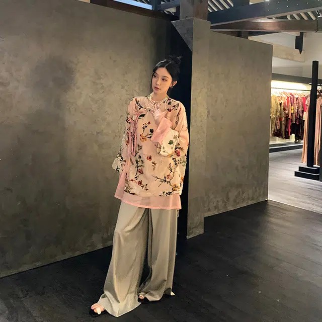 区区欧阳 复古纯色高腰宽松阔腿休闲裤 女款 雪银灰