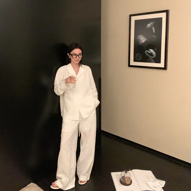 区区欧阳 经典松紧腰纯色宽松休闲裤 女款 白色
