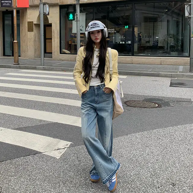 区区欧阳 条纹织带立领拉链皮衣 女款 香槟黄