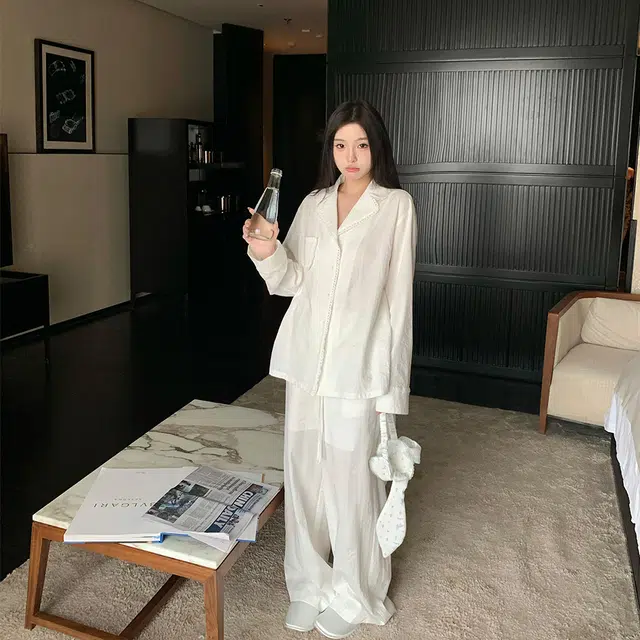 区区欧阳 经典松紧腰纯色宽松休闲裤 女款 白色
