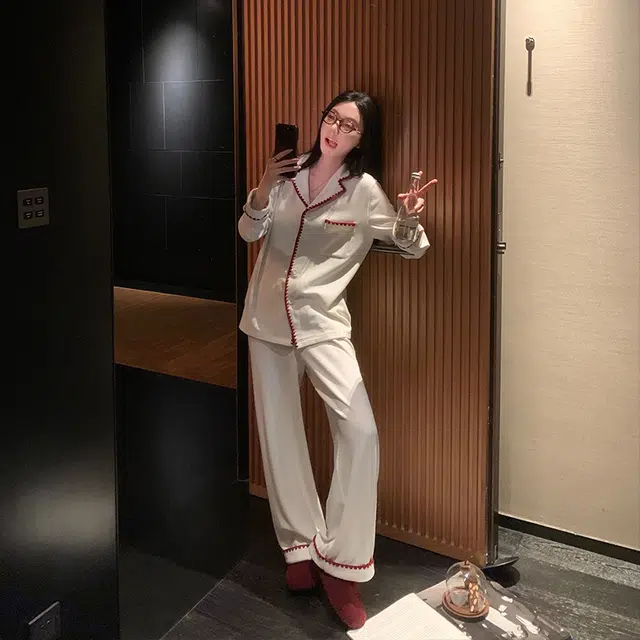 区区欧阳 慵懒风宽松直筒裤撞色家居服 休闲裤 女款 白色