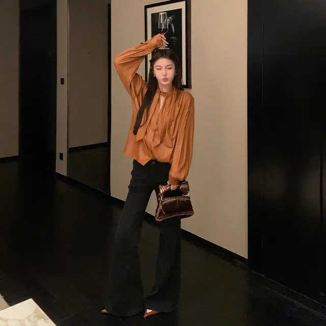 区区欧阳 修身拖地裤复古牛仔裤 女款 黑色