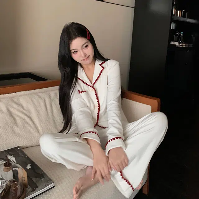 区区欧阳 慵懒风宽松直筒裤撞色家居服 休闲裤 女款 白色