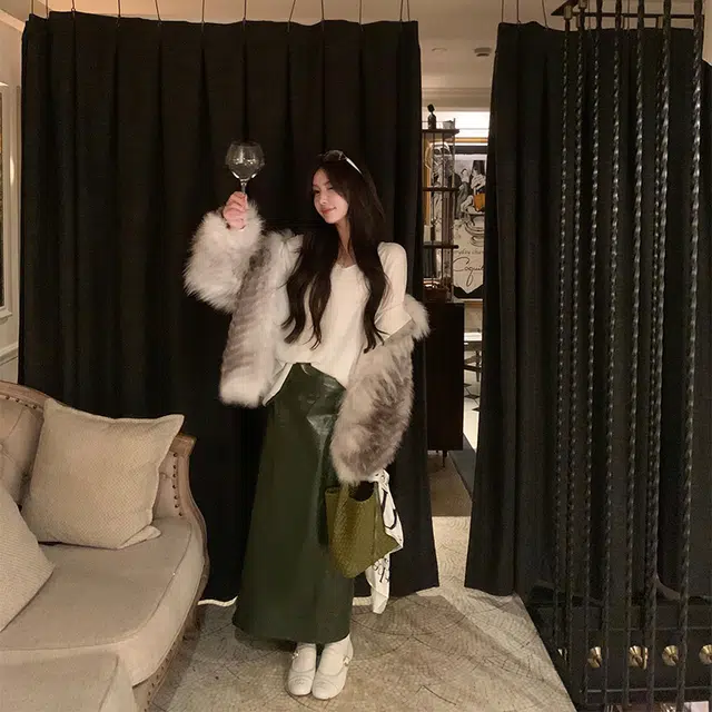 区区欧阳 高腰半身裙纯色长款皮长裙 女款 墨绿色