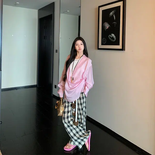 区区欧阳 黑白格子直筒阔腿宽松通勤长裤休闲裤 女款