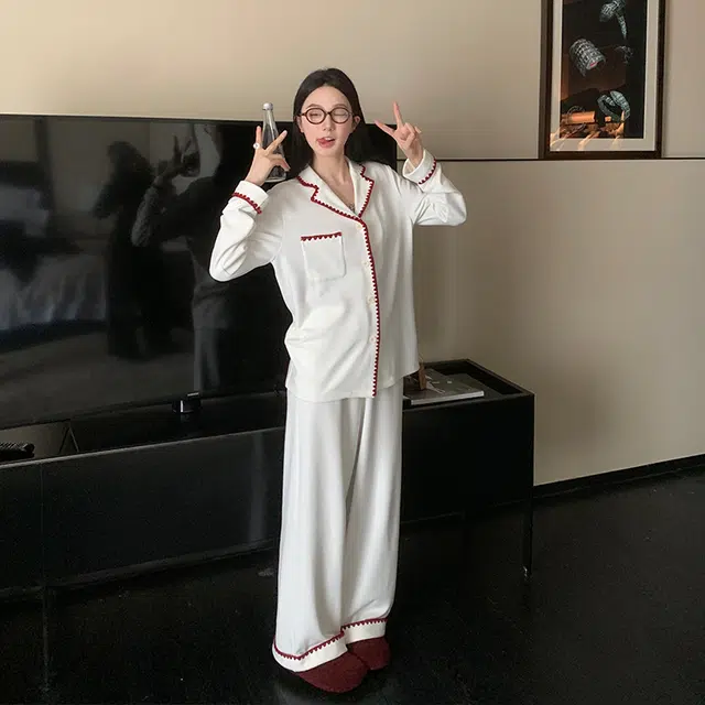 区区欧阳 慵懒风宽松直筒裤撞色家居服 休闲裤 女款 白色