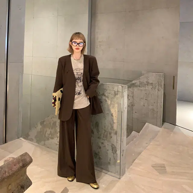 区区欧阳 纯色宽松高腰直筒阔腿休闲裤 女款