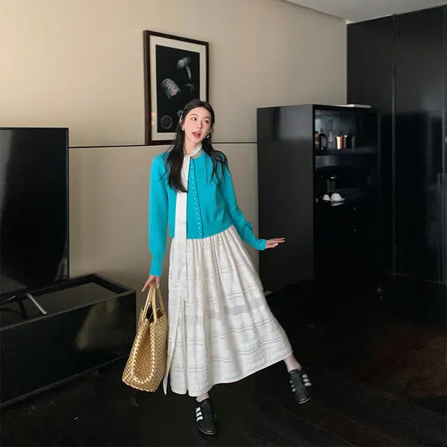 区区欧阳 法式复古纯色抹胸一字领针织长裙无袖连衣裙 女款 荔枝白