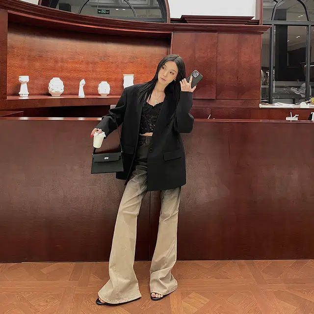 区区欧阳 一粒扣纯色长袖西装 女款 黑色