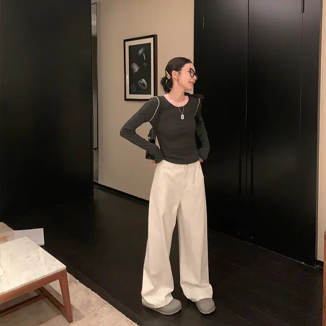 区区欧阳 休闲宽松高腰多口袋阔腿长裤牛仔裤 女款 白色