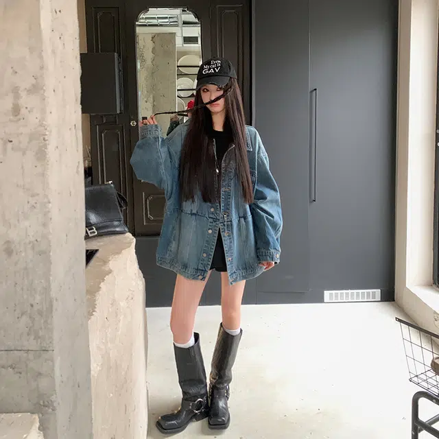 区区欧阳 纯色翻领长袖牛仔外套 女款 牛仔蓝