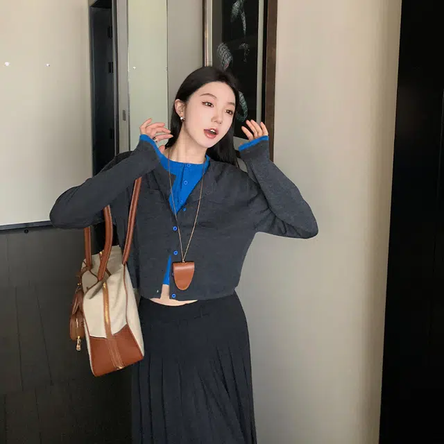 区区欧阳 时尚百搭撞色假两件慵懒风软糯开衫针织衫 女款