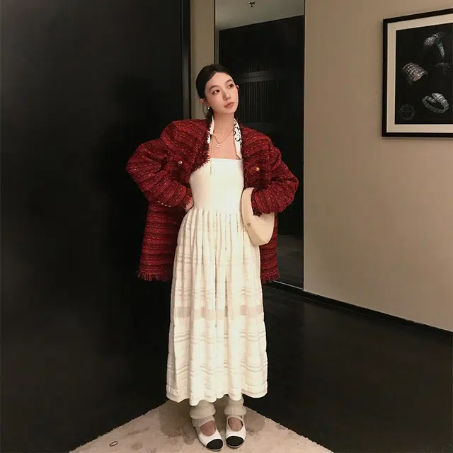 区区欧阳 法式复古纯色抹胸一字领针织长裙无袖连衣裙 女款 荔枝白