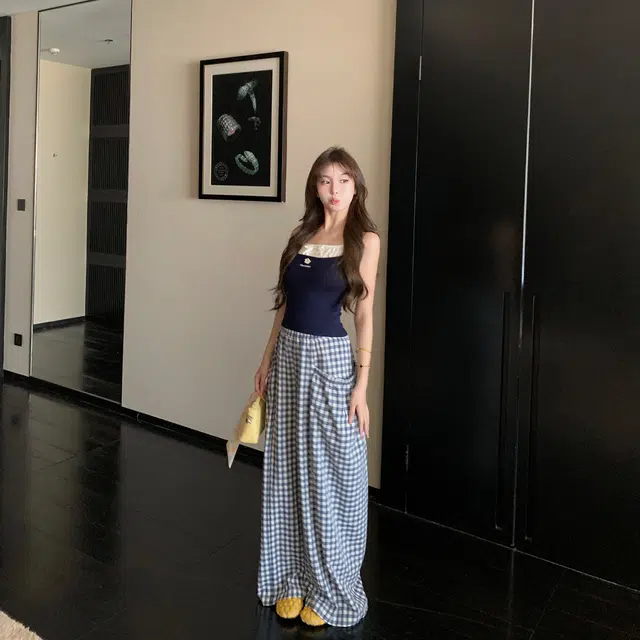 区区欧阳 韩版口袋高腰薄款直筒宽松阔腿裤休闲裤 女款