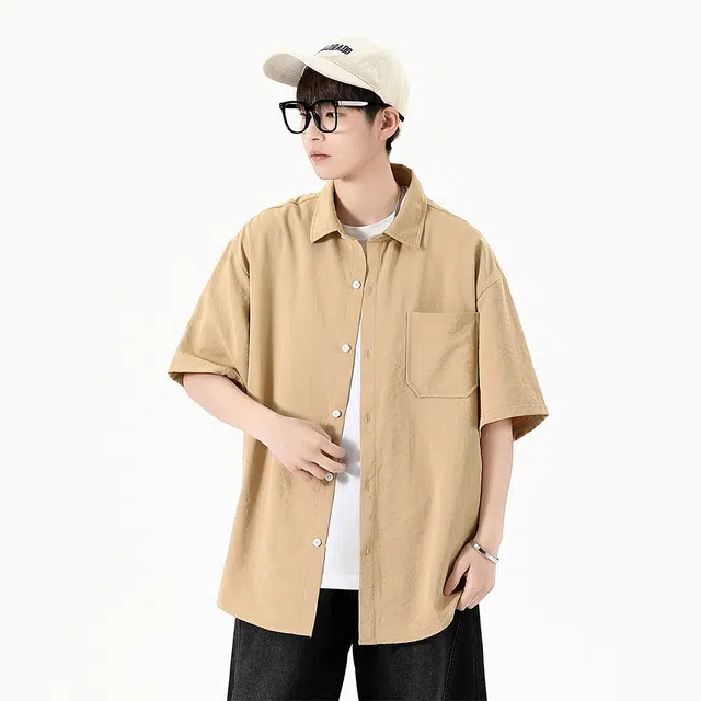 绘承 日系潮牌纯色基础款宽松翻领短袖衬衫 男女同款