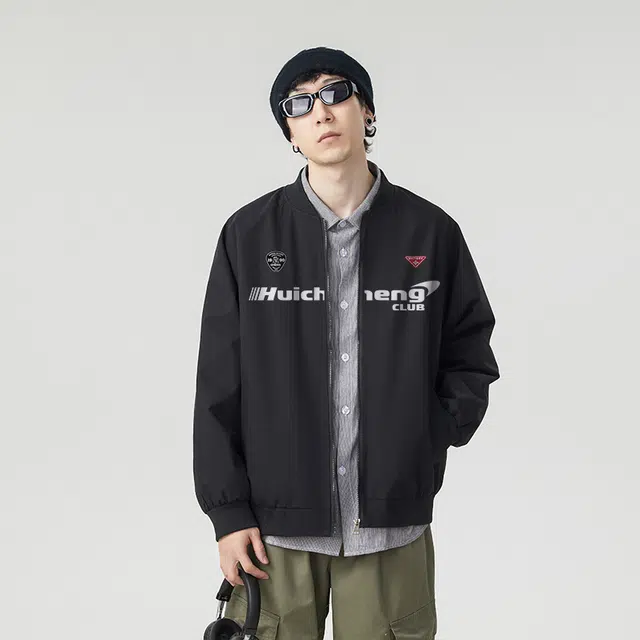 绘承 美式复古机车元素印花宽松休闲百搭棒球领薄飞行夹克外套 男女同款