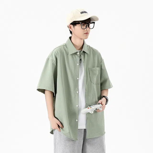 绘承 日系潮牌纯色基础款宽松翻领短袖衬衫 男女同款