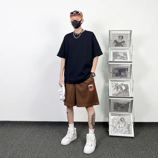 绘承 复古垂感字母印花休闲运动宽松五分短裤 男女同款