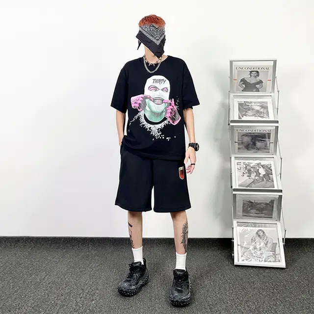 绘承 复古垂感字母印花休闲运动宽松五分短裤 男女同款