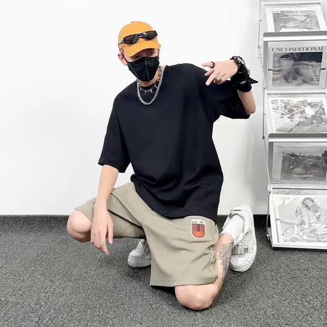 绘承 复古垂感字母印花休闲运动宽松五分短裤 男女同款