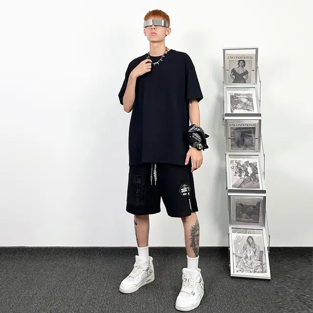 绘承 暗黑系列 字母小标宽松系带直筒短裤 男女同款 黑色