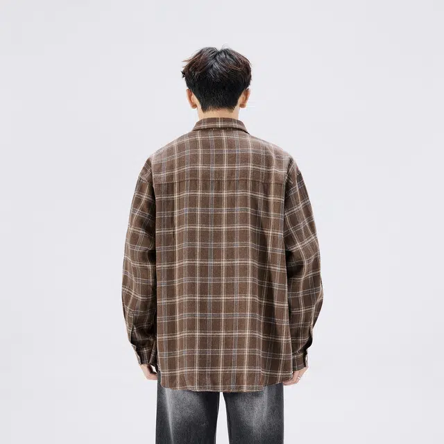 绘承 简约宽松校园风格子长袖衬衫 男女同款