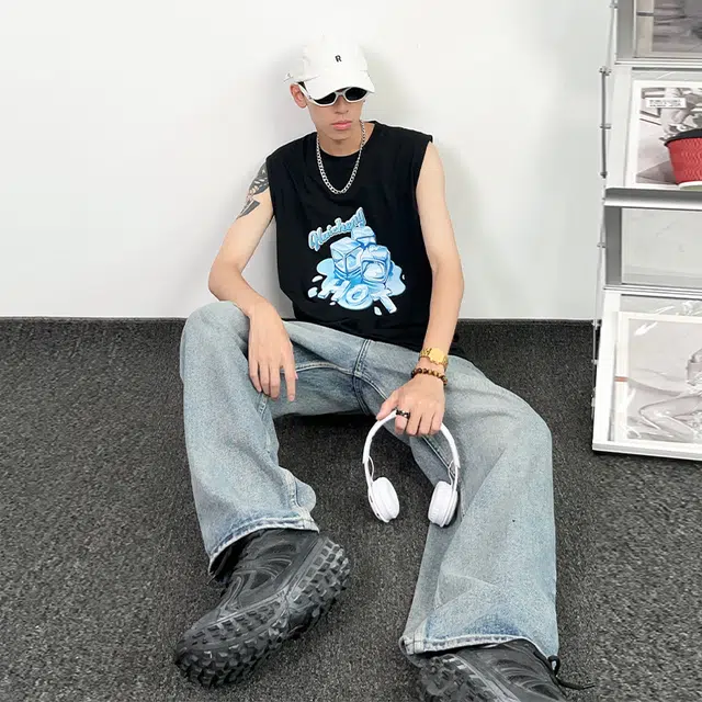 绘承 美式动漫图案融化的冰块圆领套头宽松休闲运动背心 男女同款
