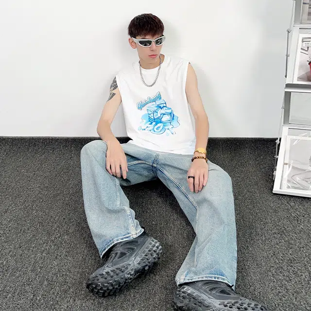绘承 美式动漫图案融化的冰块圆领套头宽松休闲运动背心 男女同款