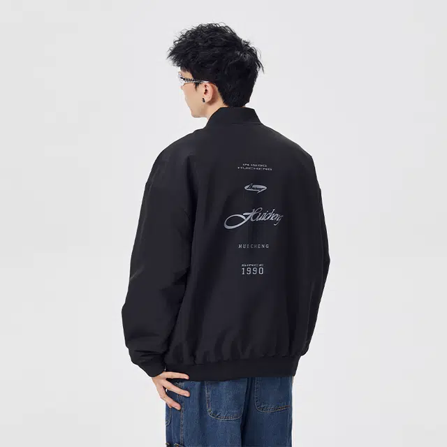 绘承 复古机能风后背字母数字印花图案落肩飞行员户外运动休闲立领夹克外套 男女同款