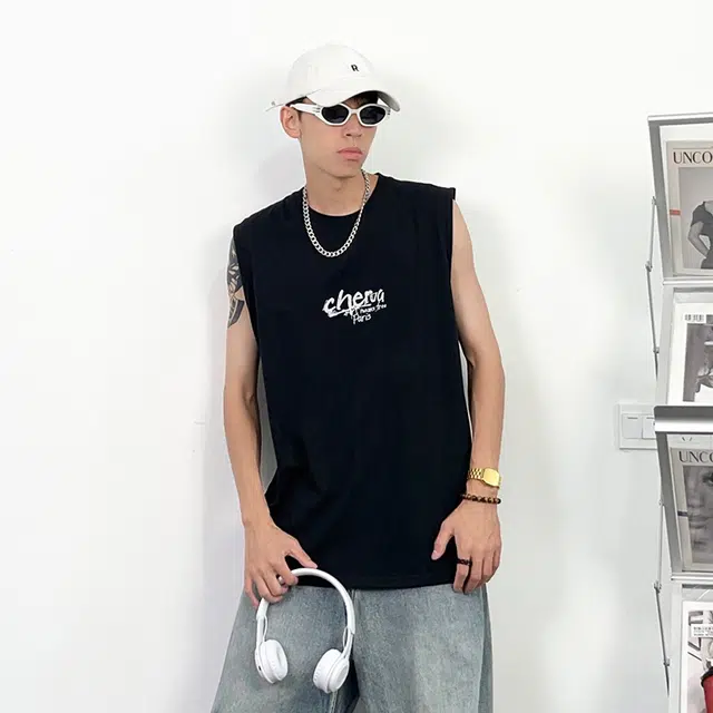绘承 美式街头品牌字母涂鸦印花宽松休闲纯棉透气无袖背心 男女同款