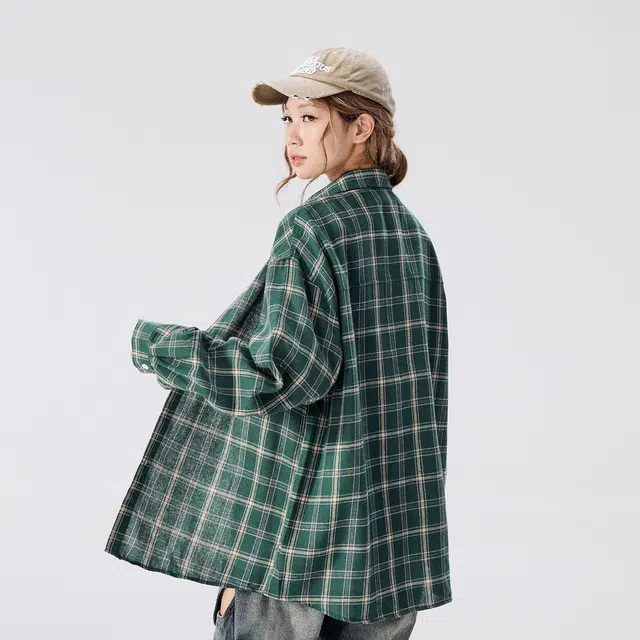 绘承 简约宽松校园风格子长袖衬衫 男女同款