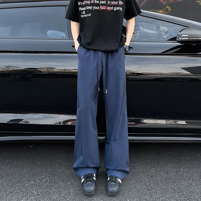 绘承 美式复古简约纯色基础款机能风降落伞兵裤高街薄款冰丝凉感透气宽松大码舒适百搭微喇弯刀垂感拖地直筒休闲裤 男女同款