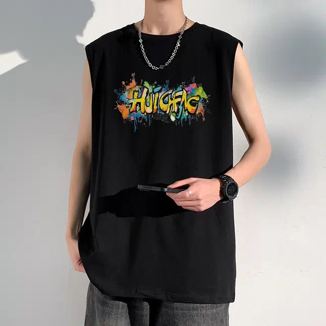 绘承 美式彩色涂鸦字母印花宽松休闲纯棉透气圆领百搭背心 男女同款