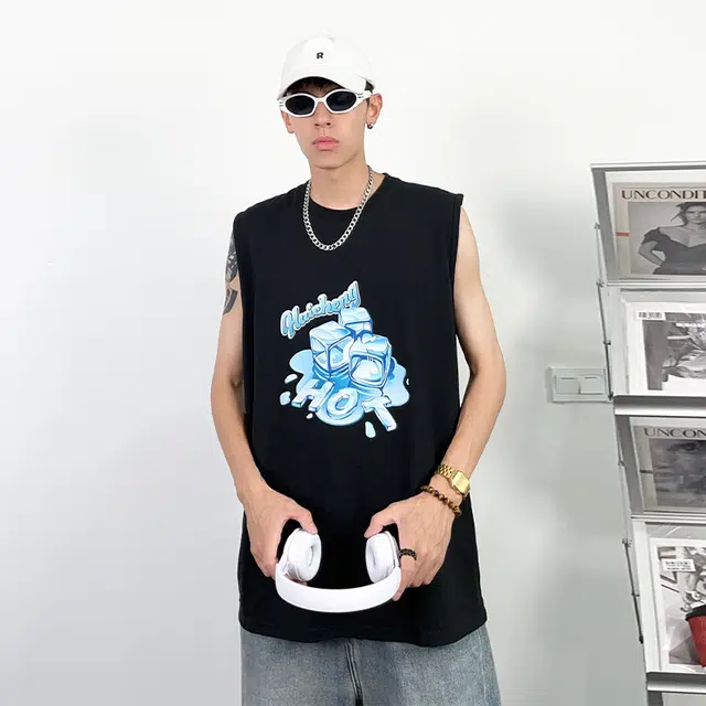 绘承 美式动漫图案融化的冰块圆领套头宽松休闲运动背心 男女同款