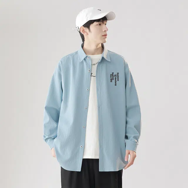 绘承 纯色简约字母休闲宽松百搭日常通勤长袖衬衫 男女同款