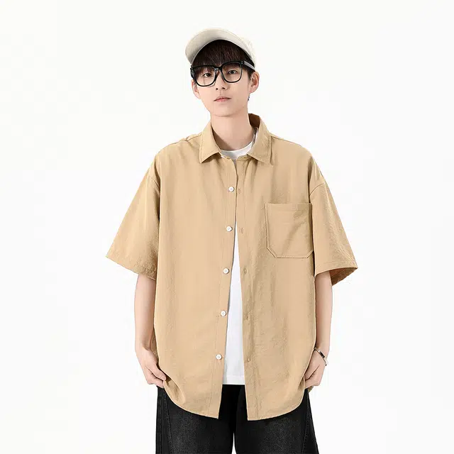 绘承 日系潮牌纯色基础款宽松翻领短袖衬衫 男女同款