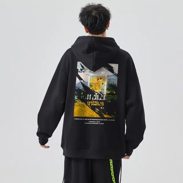 绘承 美式复古破碎向日葵油画印花宽松休闲青少年百搭落肩套头连帽长袖卫衣 男女同款