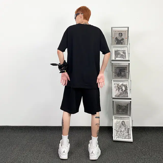 绘承 暗黑系列 字母小标宽松系带直筒短裤 男女同款 黑色
