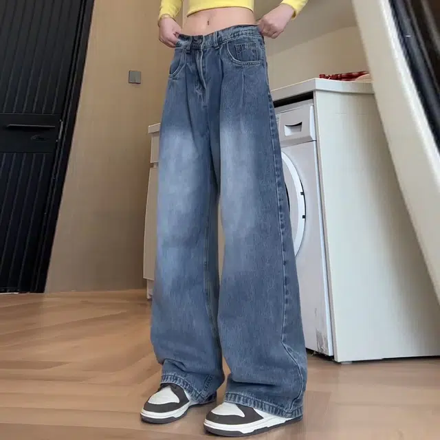 绘承 美式复古水洗做旧宽松直筒牛仔裤 男女同款 蓝色