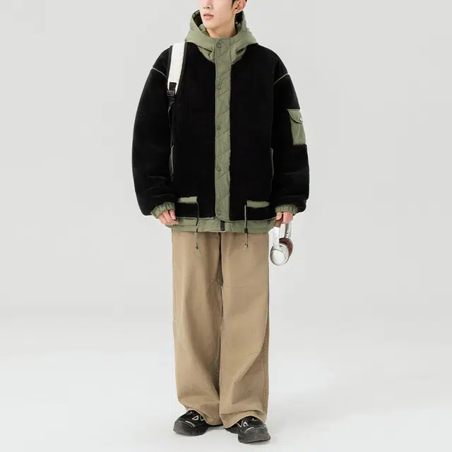 绘承 拼色复古宽松休闲百搭拉链羊羔毛保暖绒感外套连帽棉服 男女同款